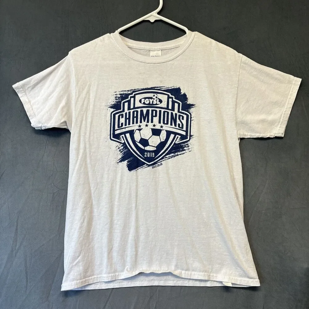 Gildan Shirt Kids Large FYGSL Soccer Champions Graphic Print 2019 Memories Win